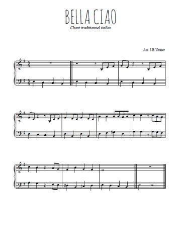 Téléchargez l'arrangement pour piano de la partition de Bella ciao en PDF, niveau facile